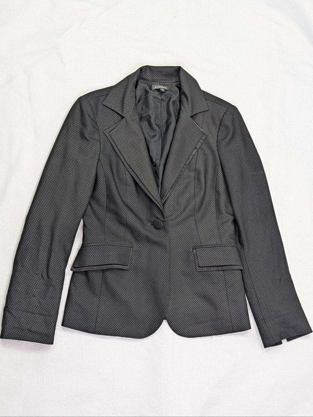 Bebe Single Button Blazer Coat Womens Size 10 Black Made In USA Grid Y2K Vtg